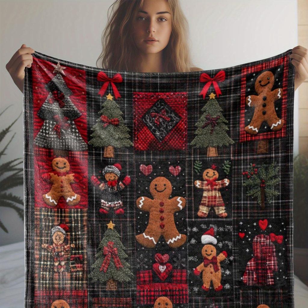 Vintage Gingerbread for Man & Checkered Christmas Tree Blanket Flannel Plaid Throw in Red Black - All-Season Couch Bed Travel