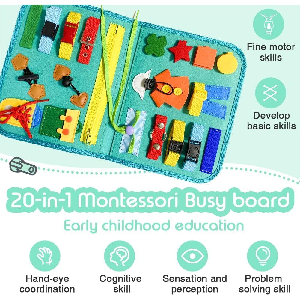 Busy Board, 20-in-1 Montessori Toy Motor Skills Toy for Dressing Skills, Educational Sensory Toddler Toy, Activity Board for Airplane Car Travel