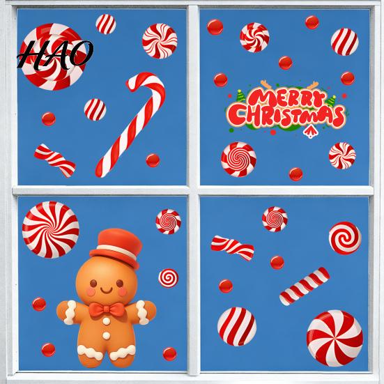 Holiday Candy Pattern Decorations Christmas Static Window Clings for Glass, Decorations, Gingerbread Man Removable Xmas Party Ornaments Cane