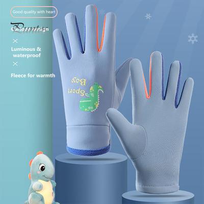 1 Pair Children Winter Gloves Waterproof Sport Gloves for 3-15Y Touchscreen High Elasticity Reflective Dinosaur Pattern Outdoor Playing Ski Gloves