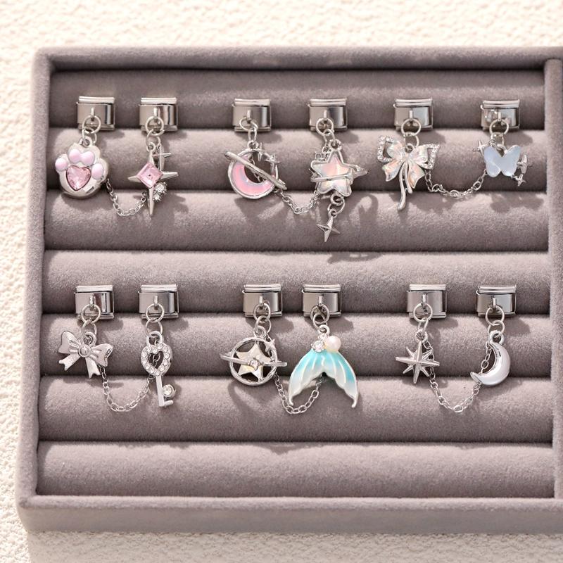 Zircon Bow Knot Moon Butterfly Star Cat Paw Tassel Chain Italian Charm Links Fit 9mm Stainless Steel Bracelet Women DIY Making