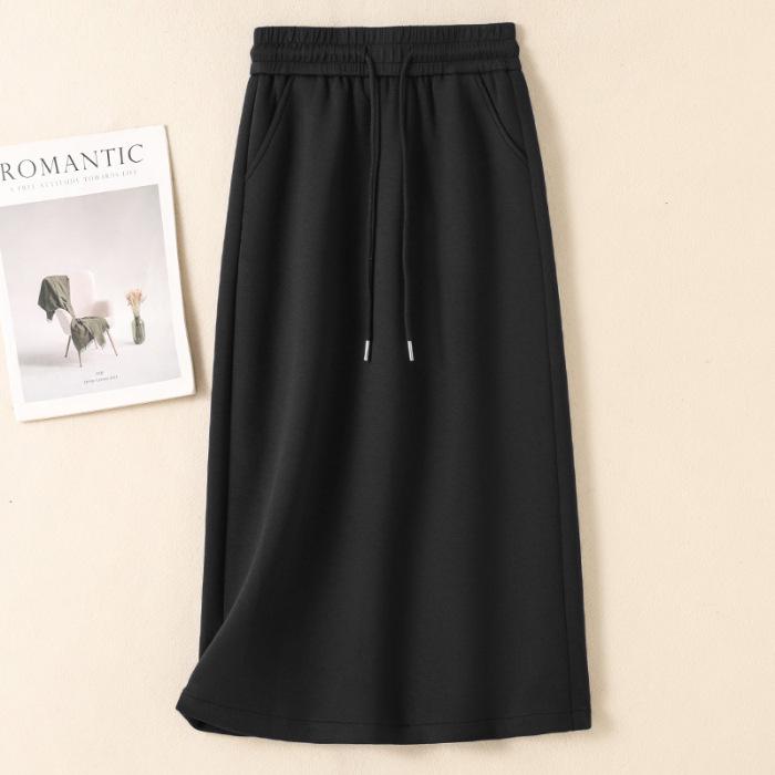 Women's Autumn/Winter Fleece-Lined or Regular Midi Skirt Sweatshirt Dress, Plus Size, Elastic Waist with Drawstring