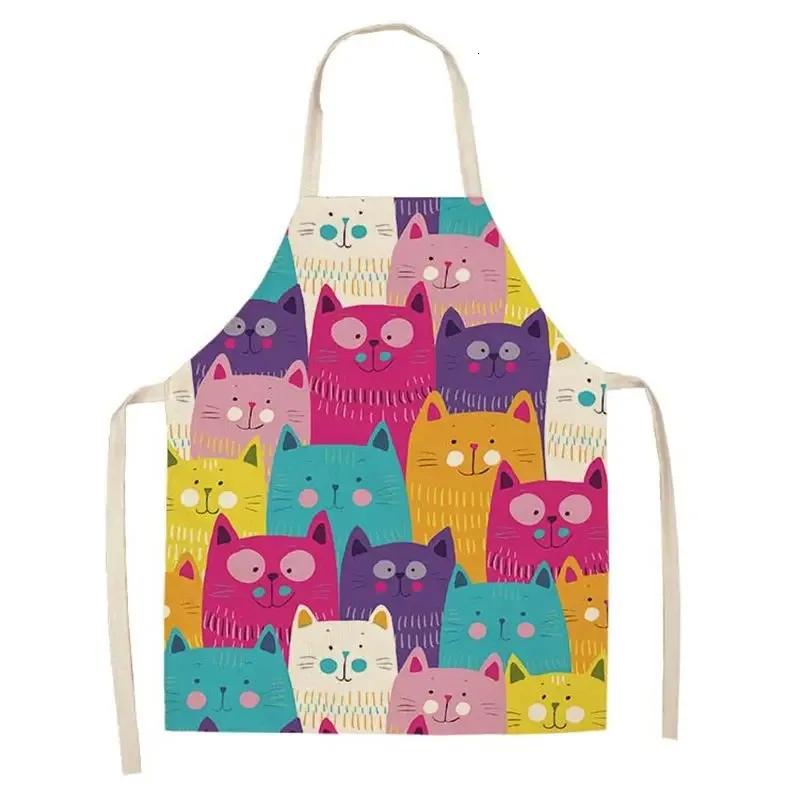Lovely Cartoon Cats Kitchen Aprons for Women Cotton Linen Bibs Household Cleaning Pinafore Home Cooking 55x68cm