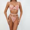 Women’s Summer Sexy Lingerie Set, Mesh Push-Up Spaghetti Strap Bra with Heart Bow, Metal Ring Garter Belt and Panty