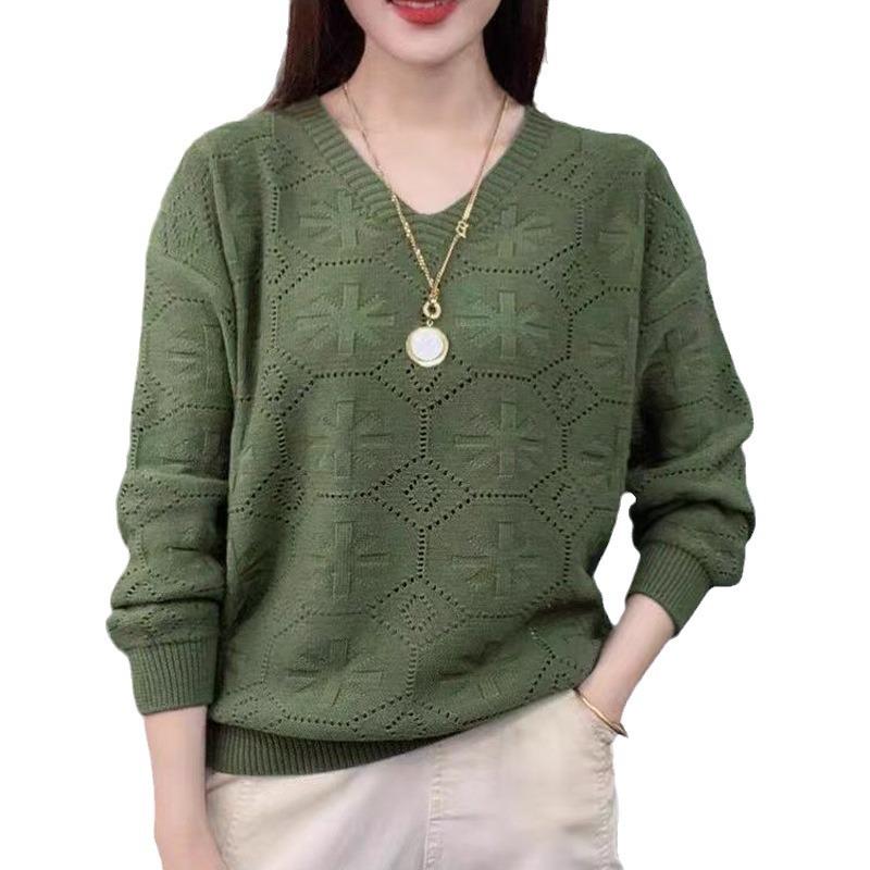 Pulover Tricotat cu Mâneci Lungi și Guler în V pentru Femei, Primăvară și Toamnă, Pulover Ajurat pentru Femei