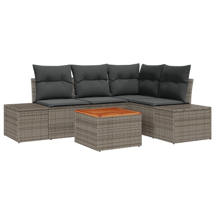 VidaXL Ensemble de 5 Pièces de Canapé de Jardin avec Coussins Gris Poly Rattan Acacia 3347951
