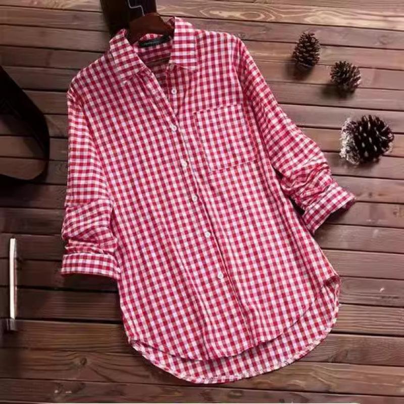 Spring and Autumn Women's Loose Plaid Lapel Long-sleeved Retro Pocket Shirt