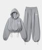 Prinoar [Set] Statement String Oversized Crop Two-Way Zip-Up Hoodie + One-Pleat String Pants - Melange