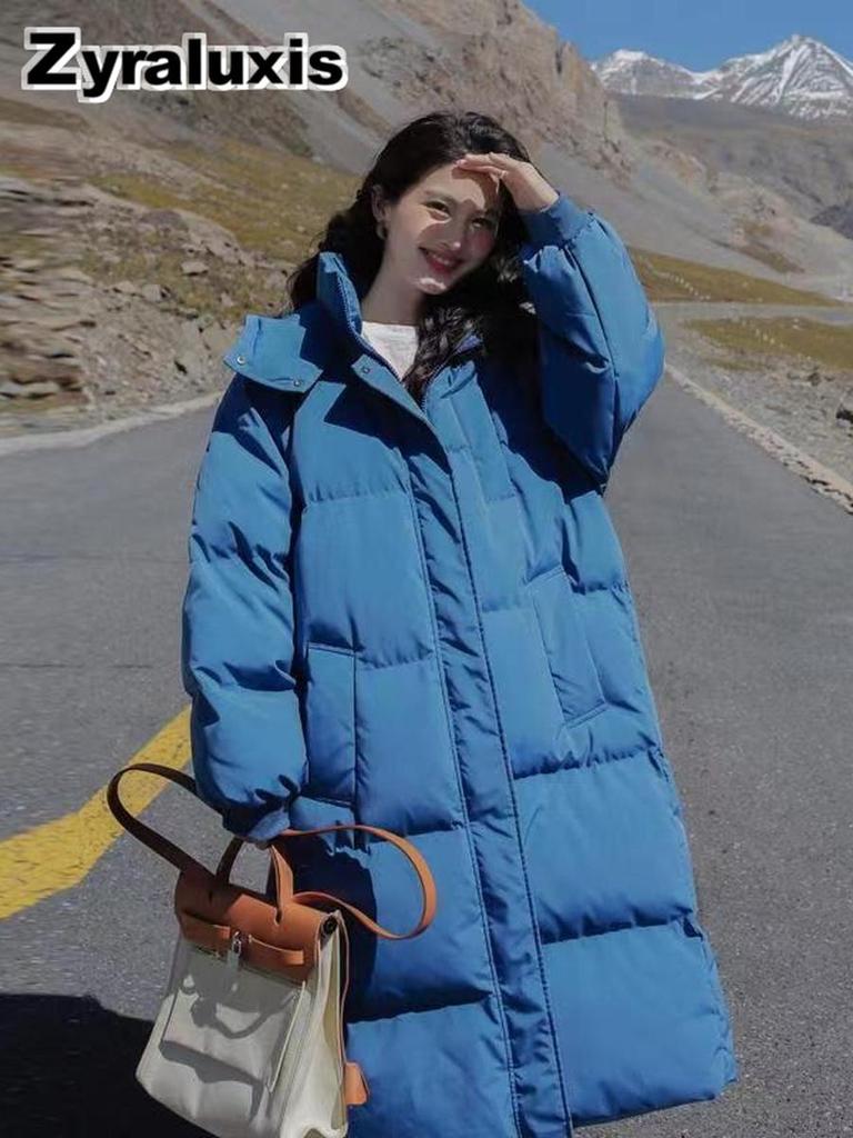 Real shot of the new winter mid-length knee-length down cotton coat for women, Korean-style loose thickened hooded cotton-padded jacket outerwear