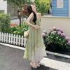 Green Mesh Patchwork Floral Camisole Dress - Autumn 2026 Collection, Slimming Vacation Style for Women.
