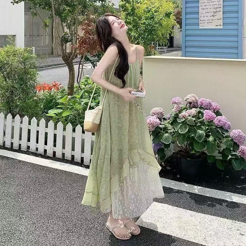Green Mesh Patchwork Floral Camisole Dress - Autumn 2026 Collection, Slimming Vacation Style for Women.