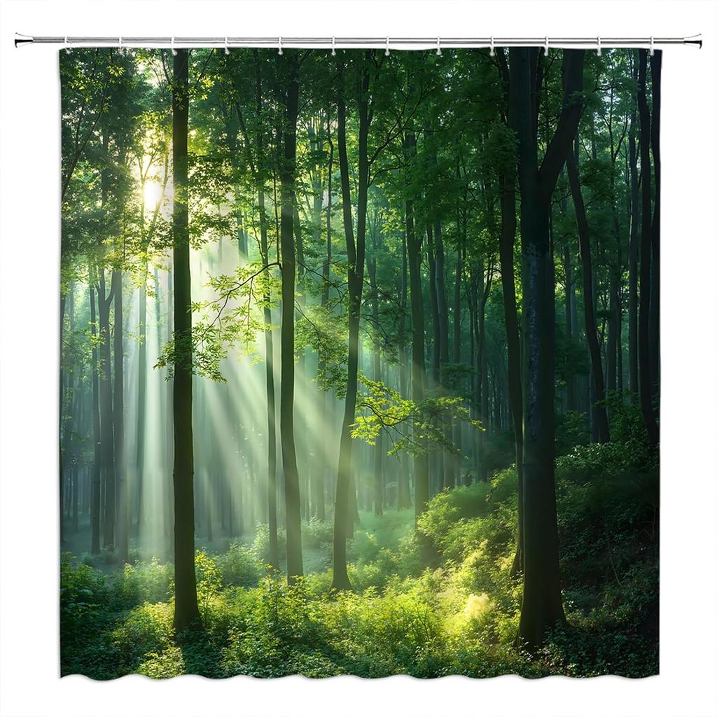 Green Forest Shower Curtain Nature Tree Plant Summer Sunset Sunshine Rustic Scenery Landscape Fabric Bathroom Decor Sets with