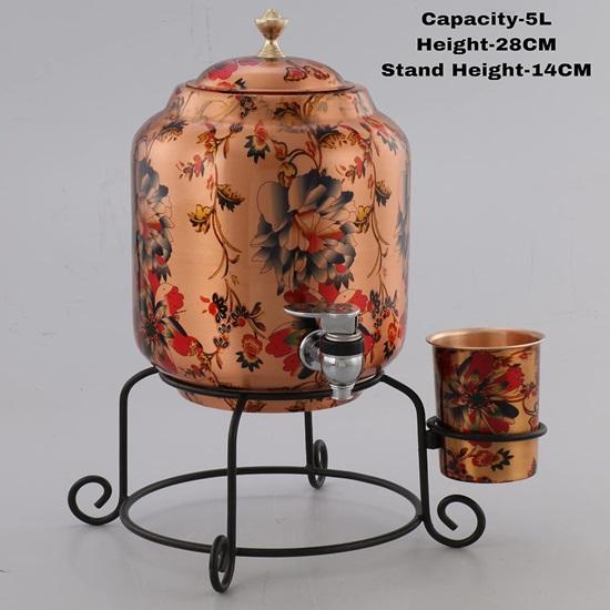 5 Litre Beautiful Design Printed Copper Water Matka Pot Container Pot with 1 Copper Glass and Stand, Pure Copper and Ayurvedic Health Benefits