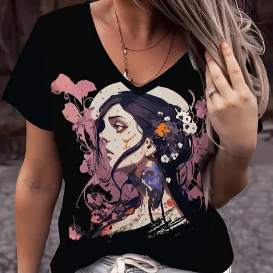 vintage women skull leopard print t shirt short sleeve v neck tops comfortable t-shirts