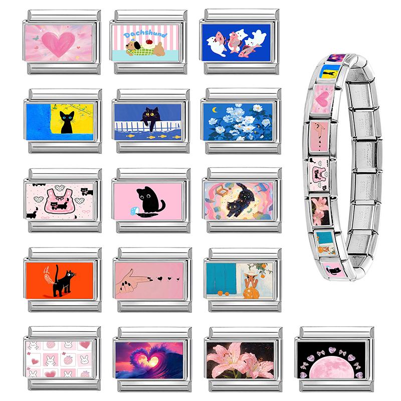 Lovely Cat Dog Elephant Animals Pink Love Italian Charm Fit 9mm Stainless Steel Module Fashion Girls' Bracelet Making Jewelry