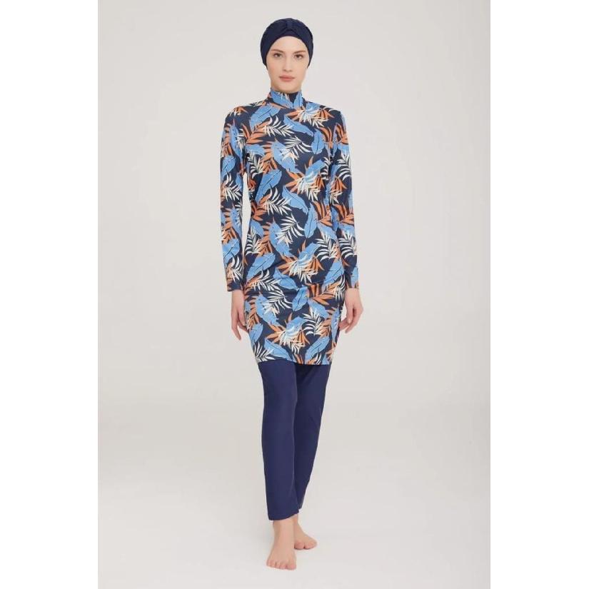 Todelt muslimsk dame beskjeden badedrakt med bladtrykk for sjøen, sett med badedrakt med full dekning, strandtøy, burkini badedraktsett, flerfarget valg (ikke hodeskjerf