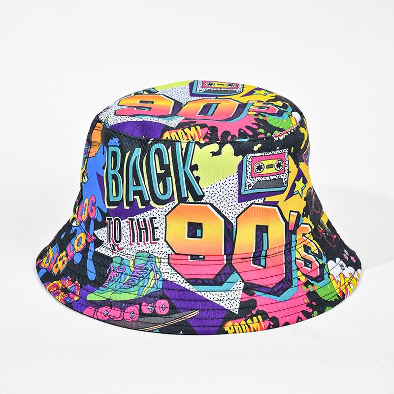 Klasyczny dwustronny kapelusz bucket modny graffiti wiosna i lato nowy retro daszek przeciwsłoneczny