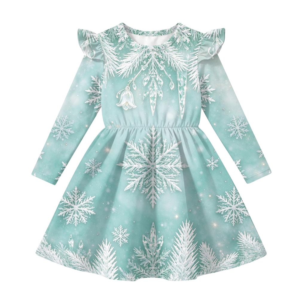 Girls' Christmas Print Long Sleeve Dress with Sleeves for Holiday Party