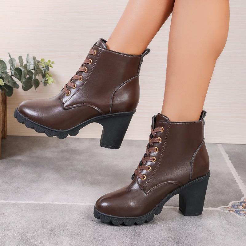 Low Tube High Heel Women's Boots Autumn and Winter Wear Thick Heel Waterproof Table Lace-up Large Size Martin Boots
