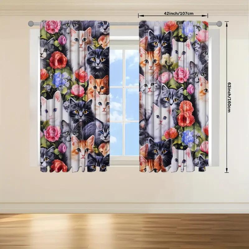 2 Pcs Cute cat print curtains  suitable for bedroom  living room kitchen decoration  home decoration  window decoration