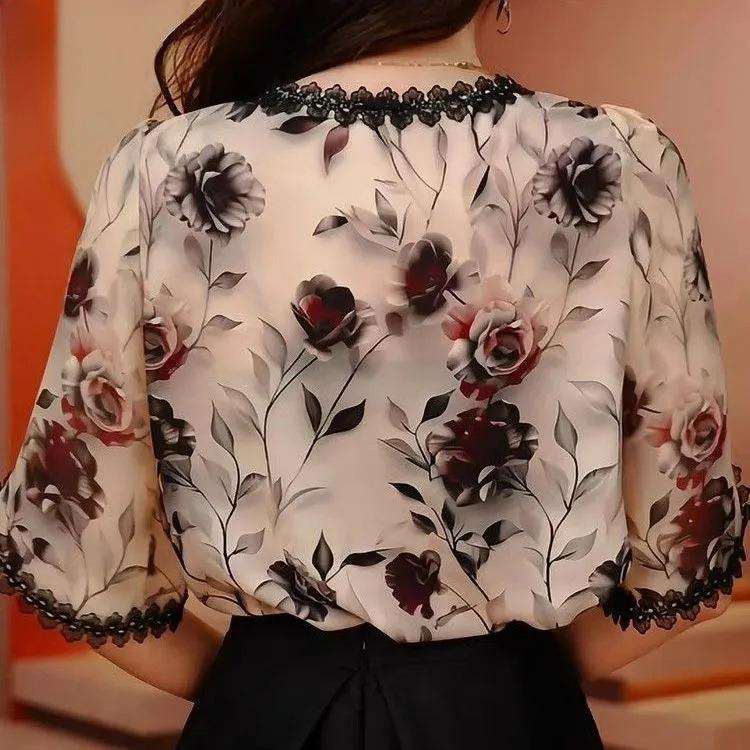 Magnifique Blouse de Style Français Unique Début de Printemps et Automne Mousseline Style Occidental Florale Manches Courtes Chemise Super Féérique Tendance Été Femme