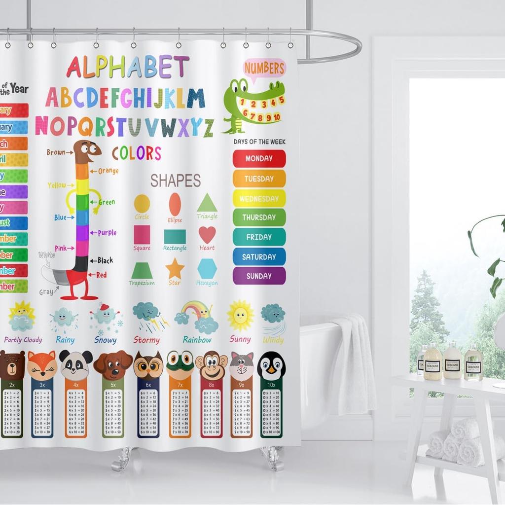 Kids Educational Shower Curtain ABC Learning Tool Funny Cartoon Animals Colors Shapes Weathers Multiplication Table Girls Boys