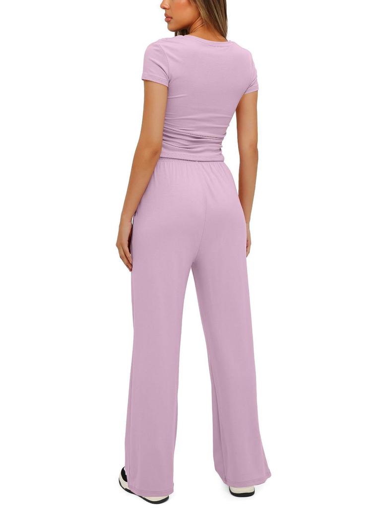 2024 Solid Color Casual Set: Ruffle Sleeve Top & High Waist Wide-Leg Pants Sportswear