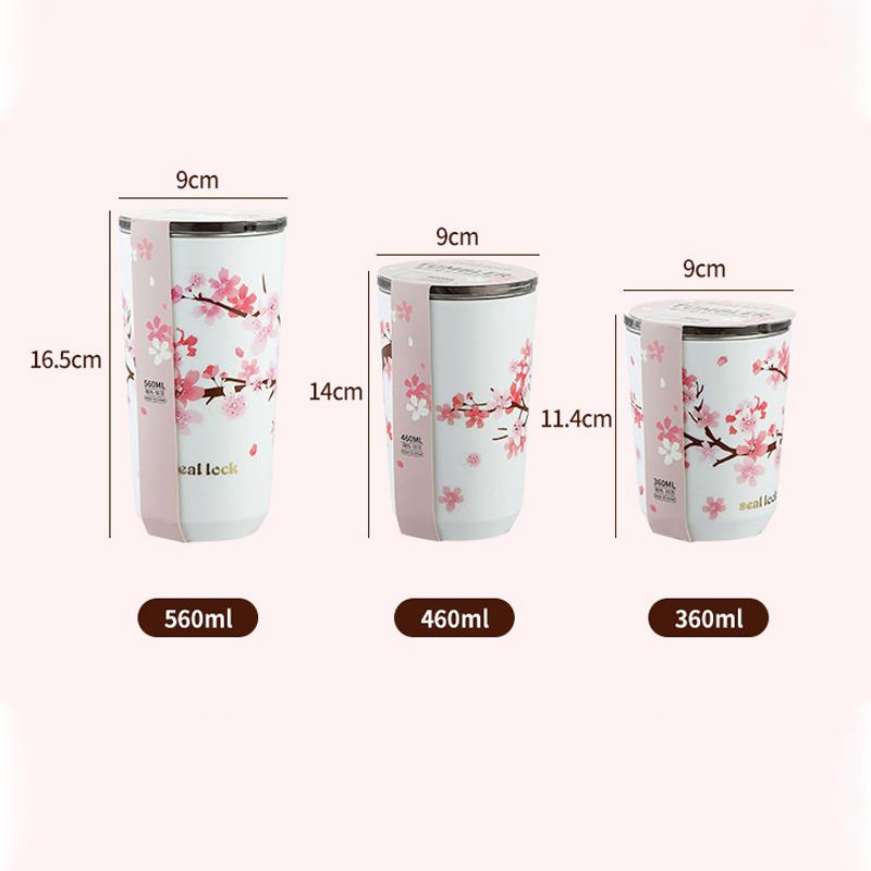 Tazza in Acciaio Inossidabile 304 Fiori di Ciliegio Tazza Portatile da Esterno Bottiglia Tazza per Tè al Latte Caffè Bottiglia d'Acqua Antigoccia Tazza d'Acqua Fiori di Ciliegio