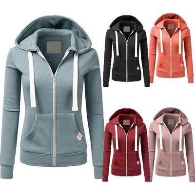 Casual Women Autumn Solid Color Bluza z kapturem z długim rękawem Kieszenie Zipper Sports Coat