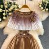 Elegant Gradient Shiny Pleated Dress Cape Shoulder Pearl Beads 3D Floral Applique Scalloped Waist Belt A Line Midi Dress