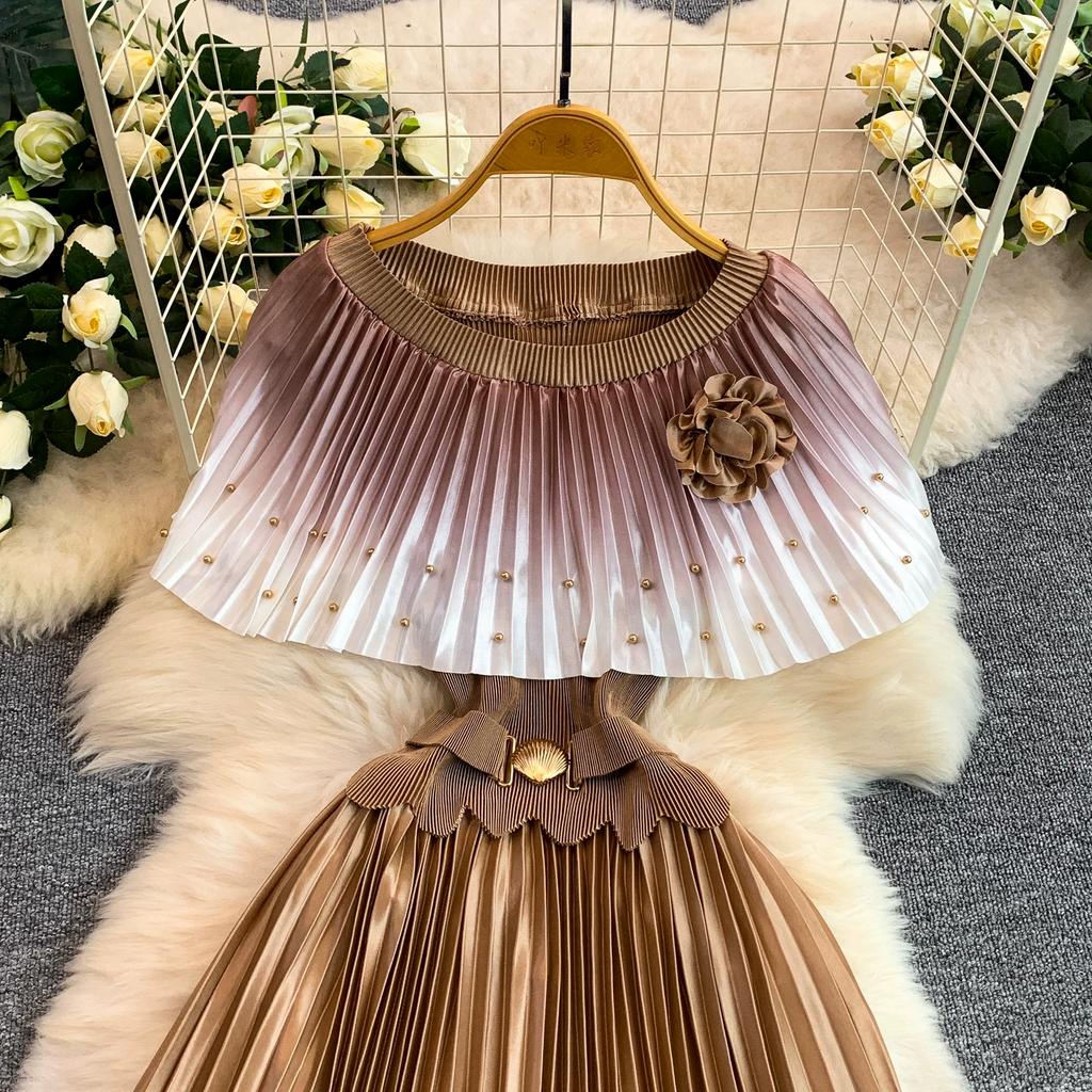 Elegant Gradient Shiny Pleated Dress Cape Shoulder Pearl Beads 3D Floral Applique Scalloped Waist Belt A Line Midi Dress
