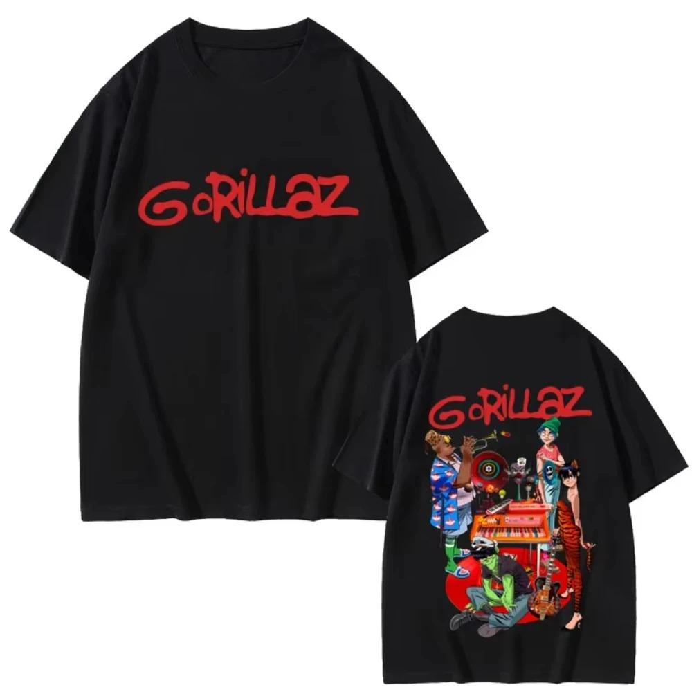 Black Oversized Cotton T-Shirt With Gorillaz Band Logo and Full Character Print, Ideal Fan Merch for Daily Wear and Music Events S разноцветный