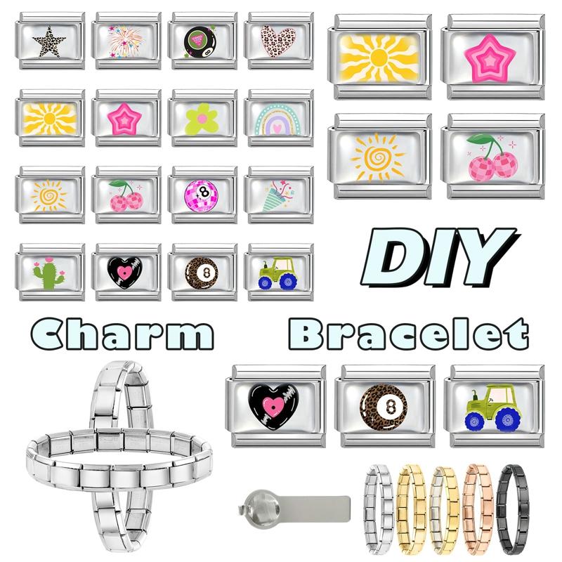 Y2K Colorful Charm Sun Leopard Heart Star Ball Fruit Flower Italian Charm Links Fit 9MM Stainless Steel Bracelet DIY Making Gift