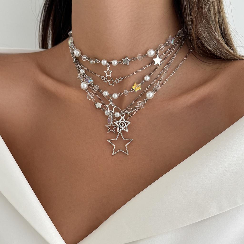 Sweet And Cool Metal Ribbon Bow Necklace, Fashionable Imitation Pearl Love Stacked Collarbone Necklace