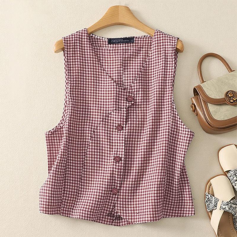 ZANZEA Women V-Neck Casual Sleeveless Grid Print Tank Tops