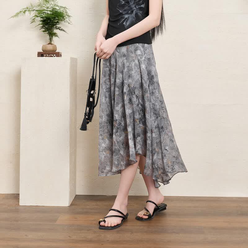 Sancai Neo-Chinese Style Floral Jacquard A-Line Midi Skirt