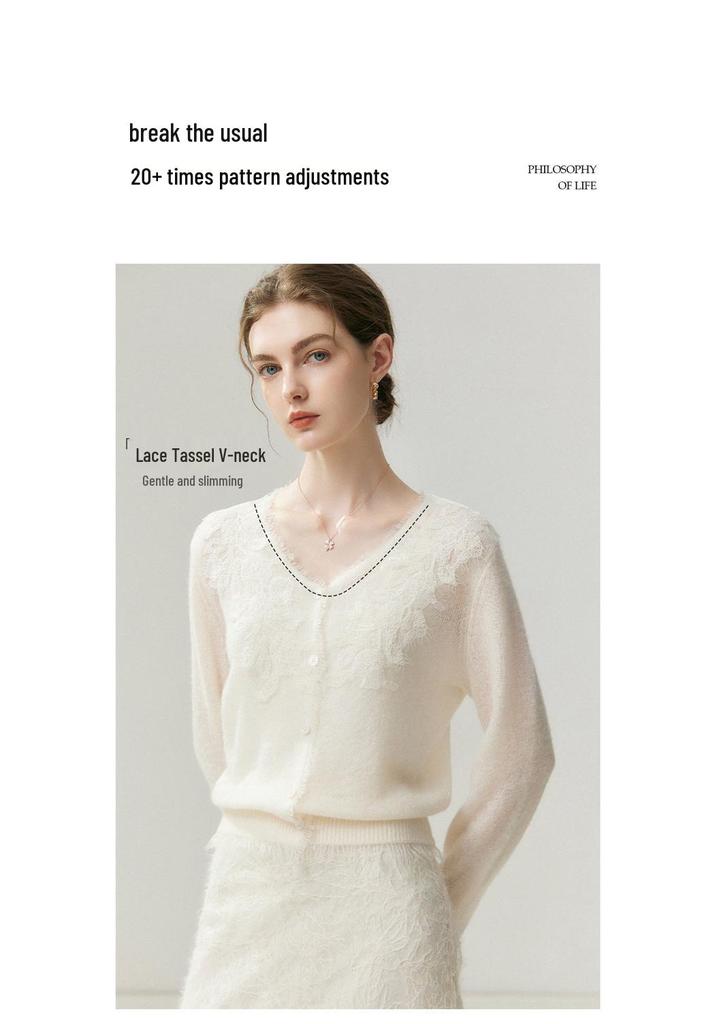 Elegant Women's French Lace Trimmed Cashmere Cardigan with Tassels – Age-Reducing Patchwork Design