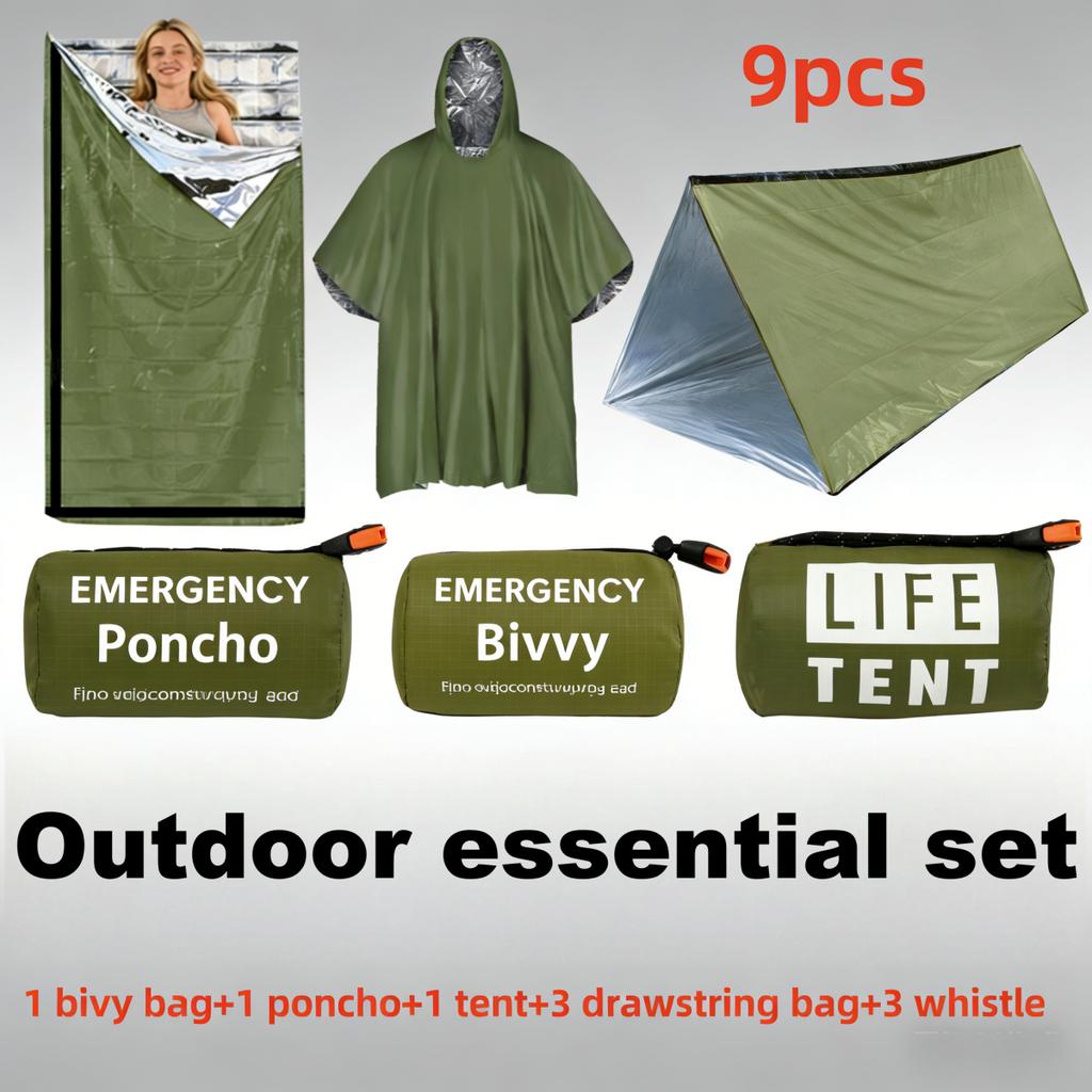 9Pcs Emergency Survival Kit Includes Thermal Bivvy Bag, Poncho, Tent, Whistles & Storage Bags. Heat-Retaining Design For Camping