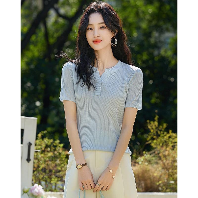 Demana Women's Summer Breathable Linen-Lyocell Blend V-Neck Knit Top