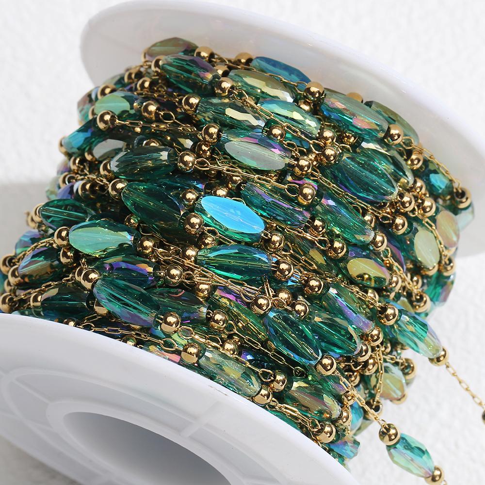 

2meters 1meter Green Natural Stone Stainless Steel Crystal Beaded Chain for Necklace Bracelet Sweater Chain Jewelry Making DIY 1meter