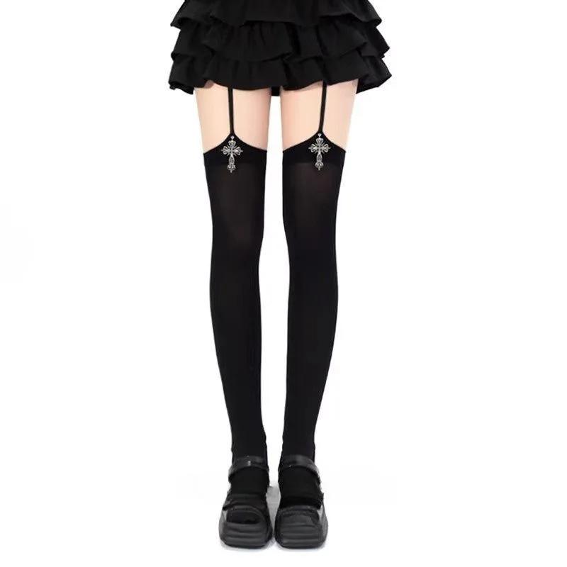 Medias de Cruz Gótica para Mujer Cinturón Sexy Medias Negras Calcetines Medias Blancas Hasta el Muslo Calcetines Pantimedias de Cosplay Lolita