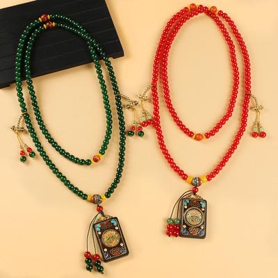 Vintage Thangka Necklace Green Agate Beaded Niche High-end Messenger Chain Cheongsam Accessories Women