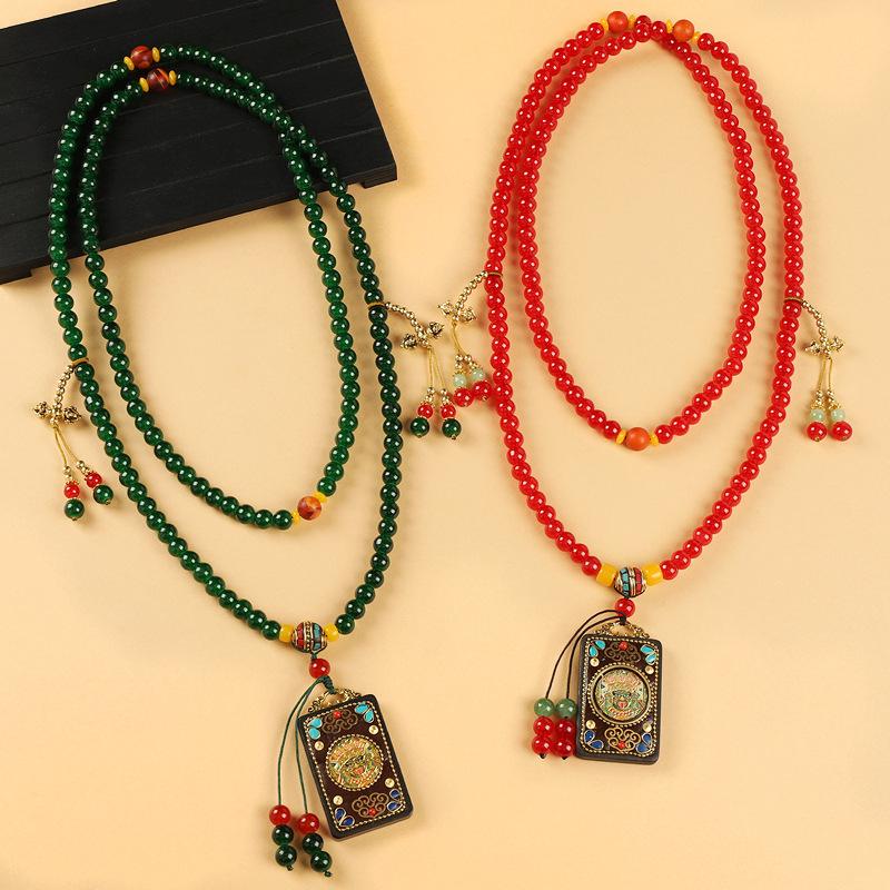 Vintage thangka necklace green agate beaded niche high-end messenger chain cheongsam accessories women