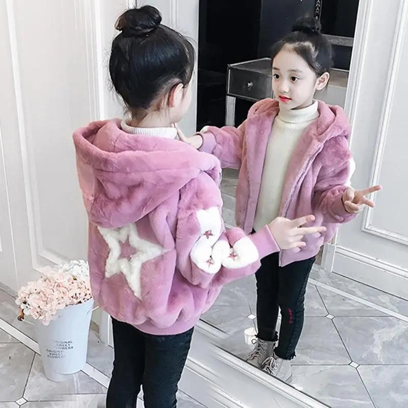 

Thick Warm Winter Jacket Girls Corduroy Hooded Sweater Sleeve Plus Velet Kids Outerwear Teenager Windbreaker Coat 12 Year 110 розовый