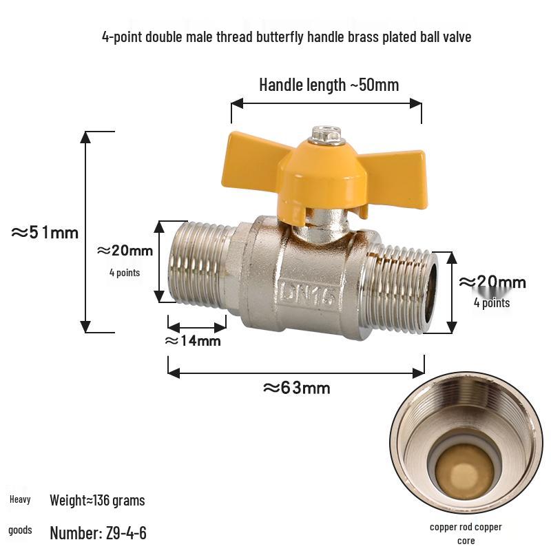 Brass Ball Valve with Copper Core: Male/Female, Double Female, 1/2", 3/4", 1" Sizes, for Water and Gas Pipes.