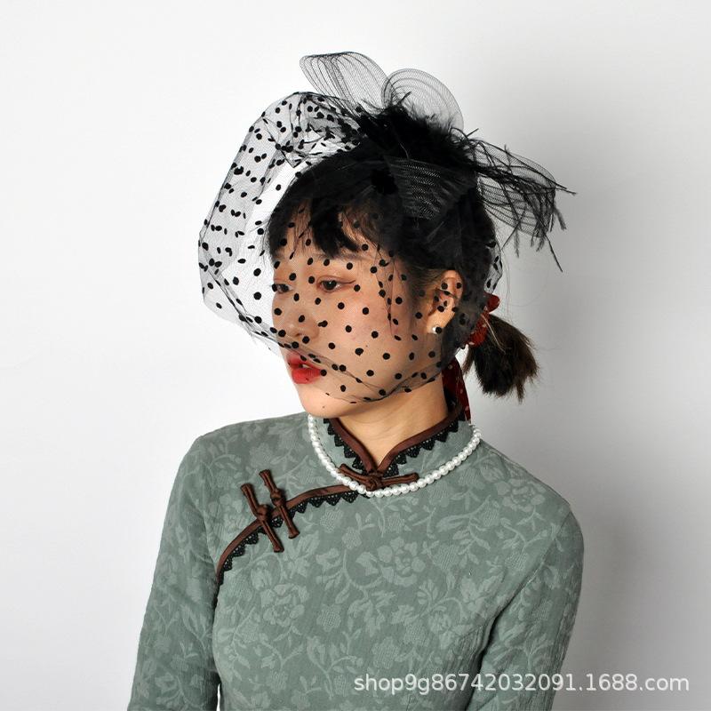 1920S Prom Spotted Headgear Veil Set Vintage Prom Gloves Combination