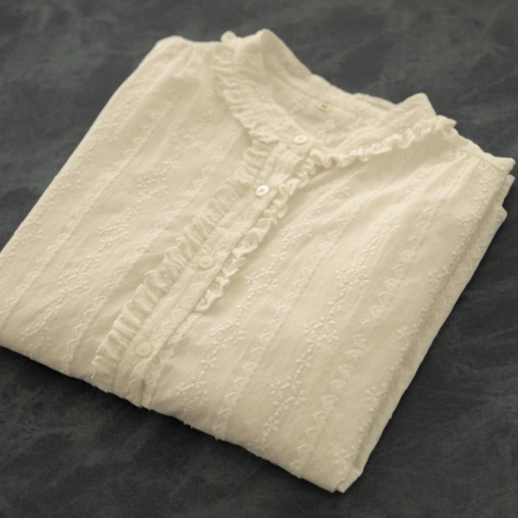 Korean Style Retro Evening Tea Embroidered Cotton Women's Shirt