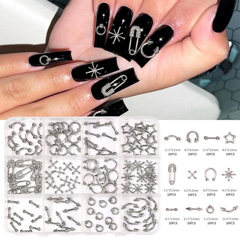 12 Grids Alloy Nail Charms Punk Y2K Metal Parts Manicure Rivet Chain Nail Tip Decoration Retro Circle Nails Supply DIY Crafts