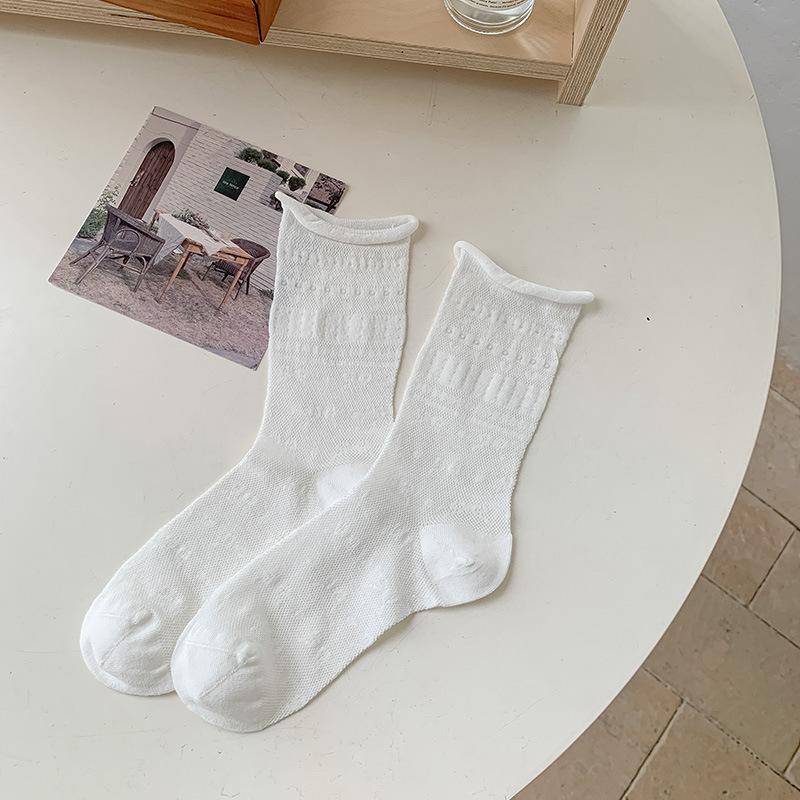 

Rolled-edge Socks - Spring/Summer Lightweight Style, Sweet Bow, Heart-shaped Lace, Sheer Tube Socks, Solid Color, Versatile, Stackable Socks 1 pair
