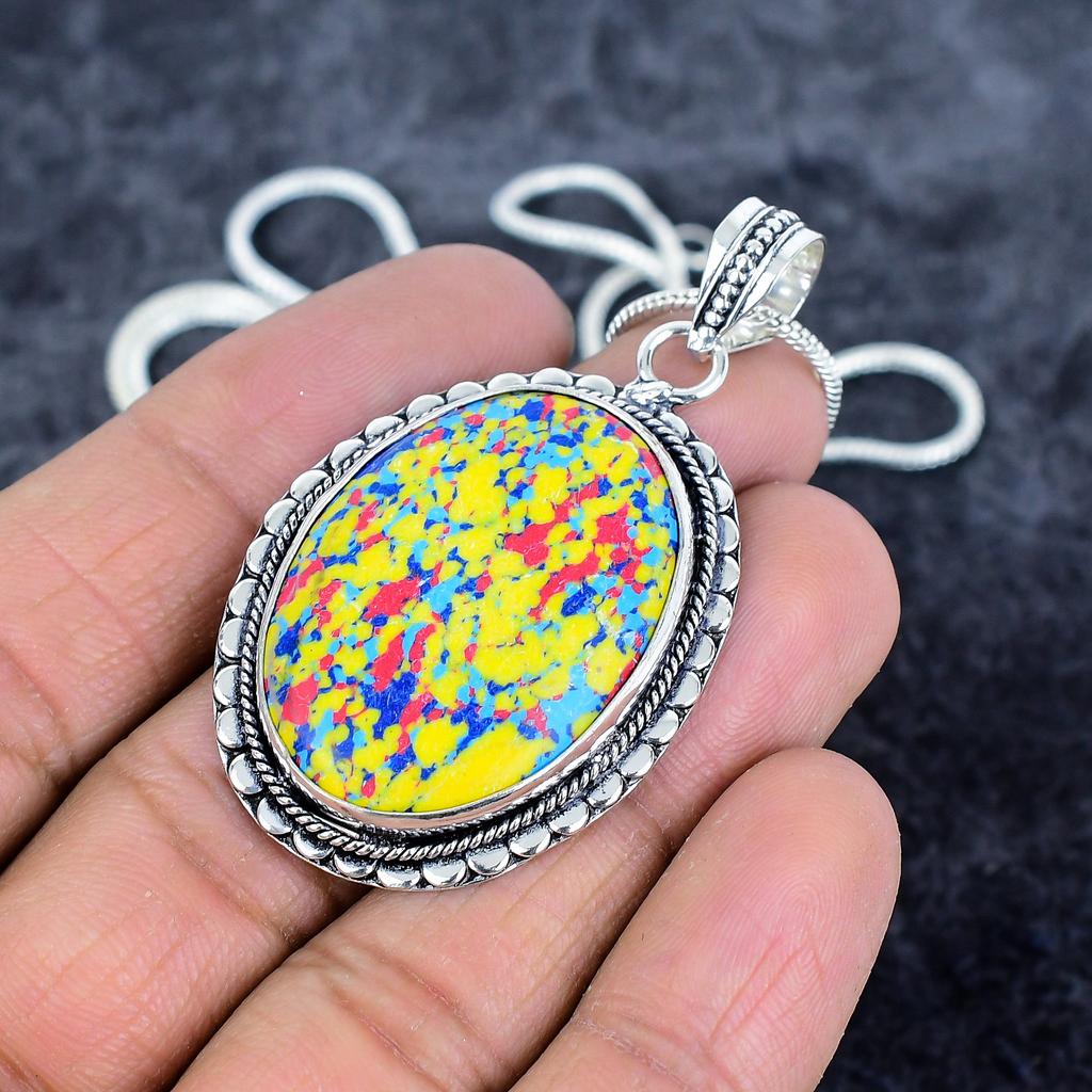 Mosaic Jasper Gemstone Handmade 925 Sterling Silver Jewelry Pendant 2.29" M-2923